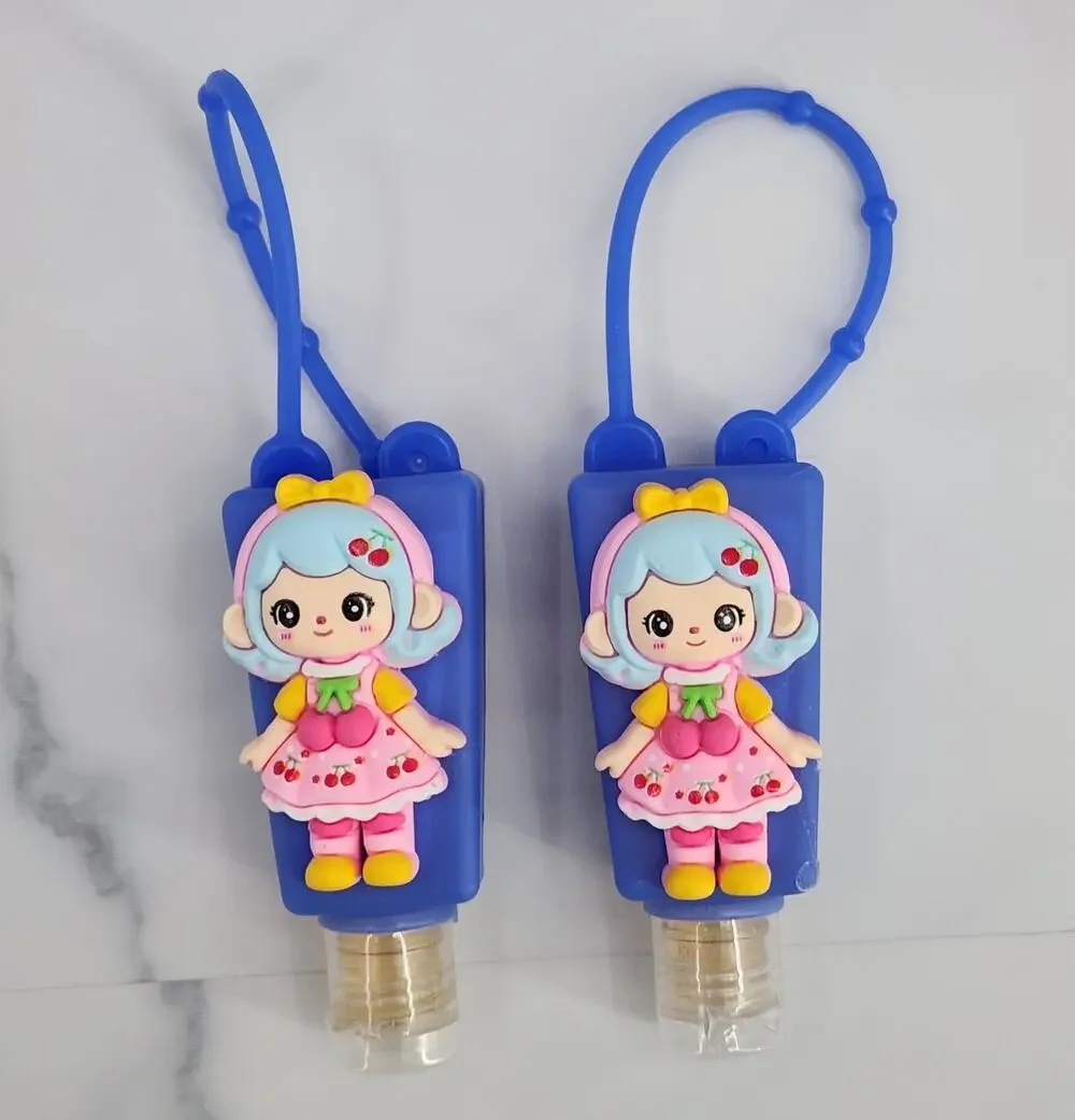 2 EMPTY Kids Refillable Containers Blue & Pink Doll Character Holder with Strap